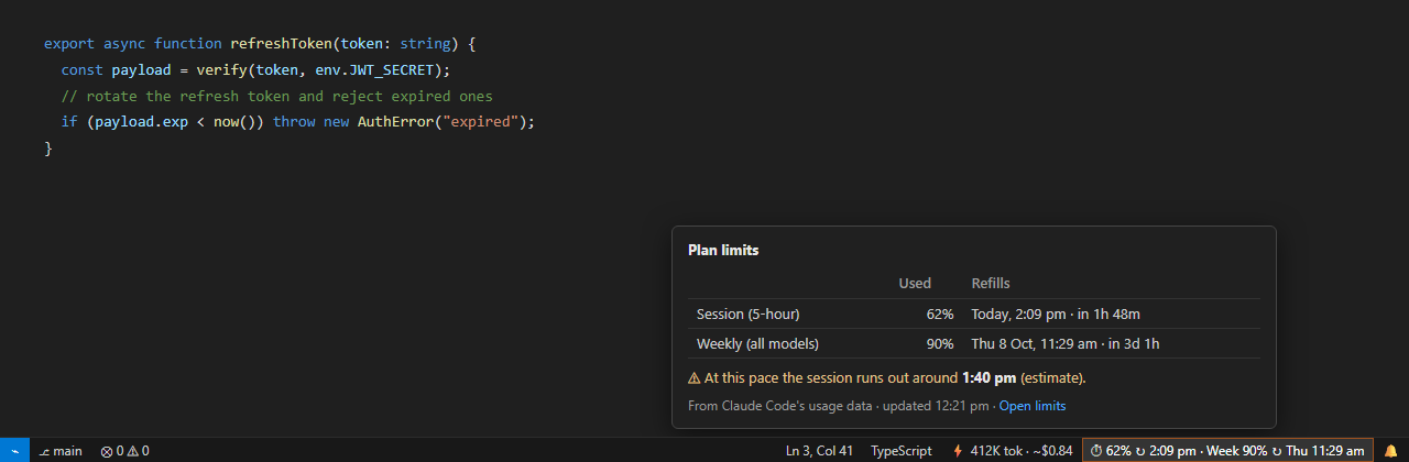 Status bar: the last prompt's tokens and cost, and your session and weekly limits with their refill times