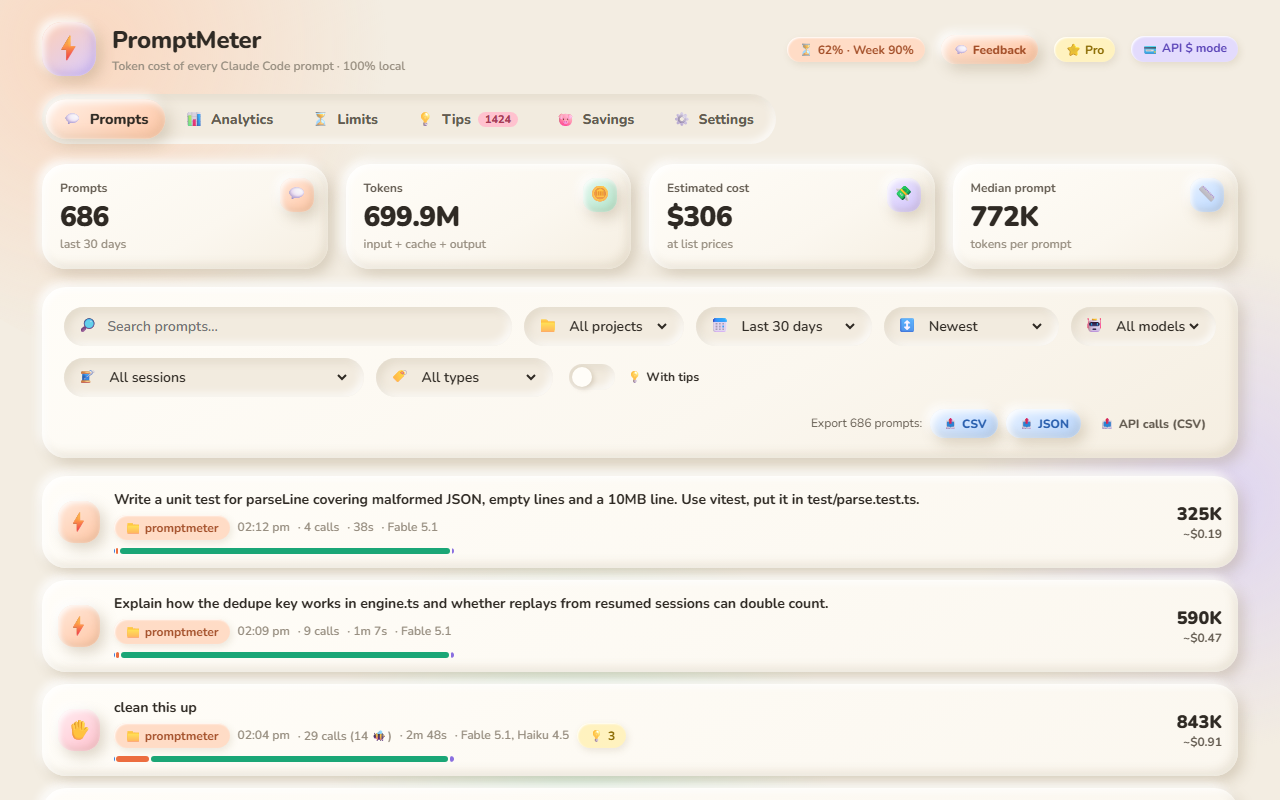 Prompt list with tokens, cost, calls and tips