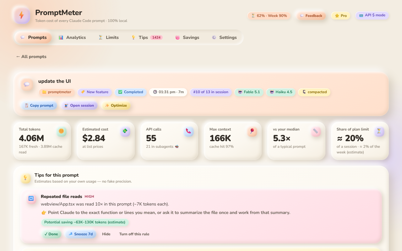 Prompt detail with stat tiles, tips and the share of your plan limit