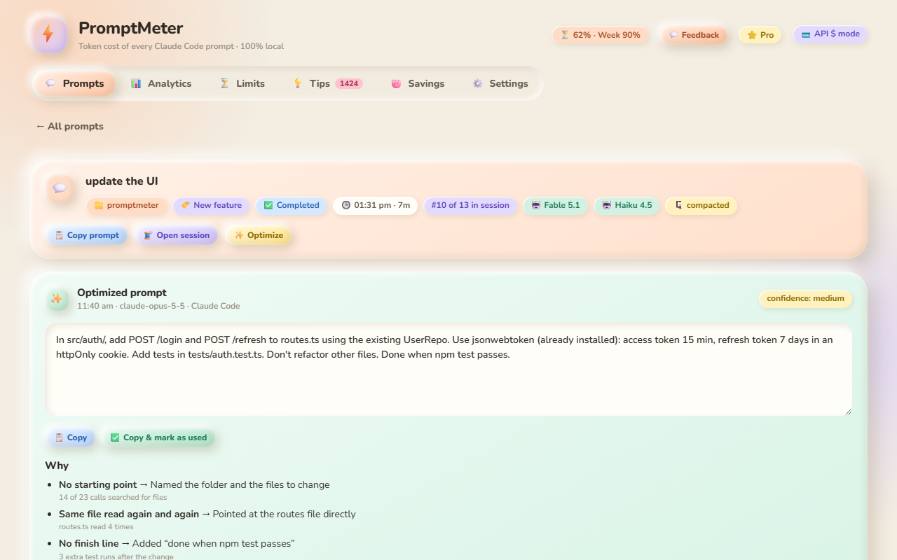 AI Prompt Coach: an optimized prompt with reasons and an estimated saving